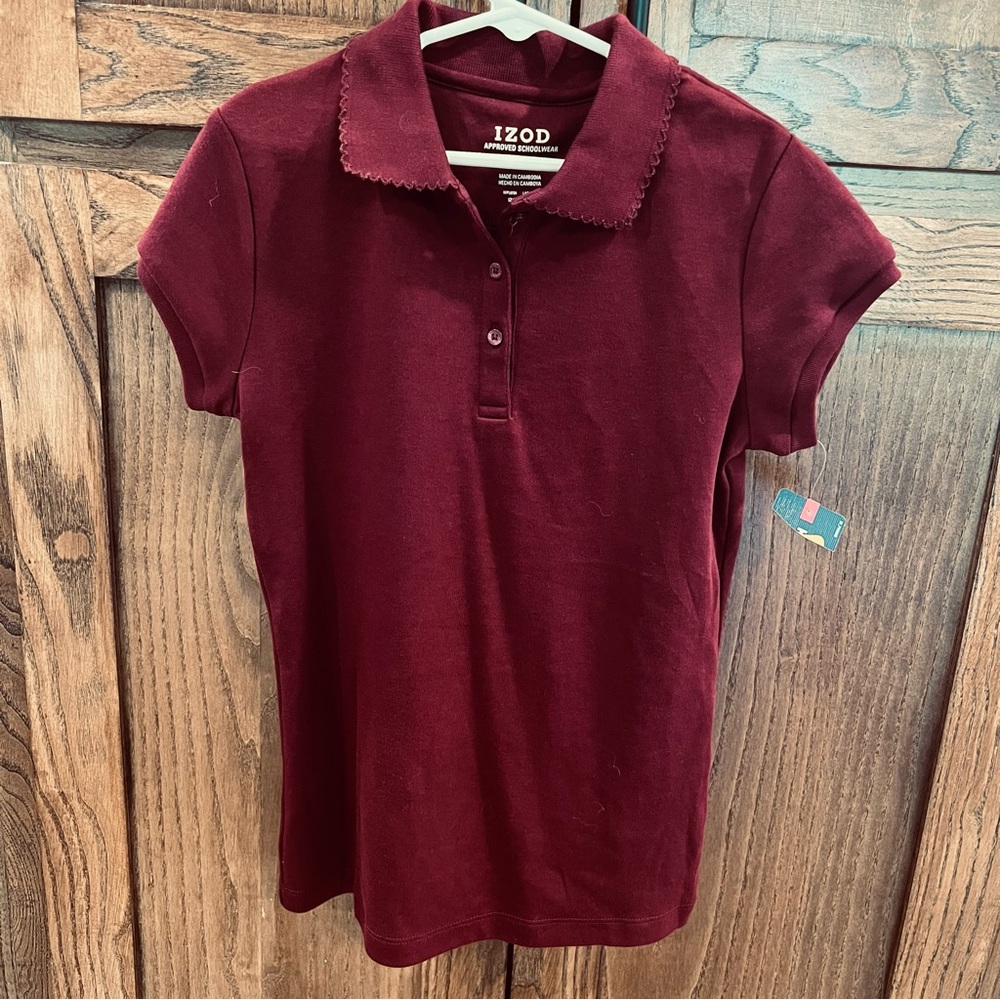 NWT IZOD Girls Medium Approved Schoolwear Maroon Short Sleeve Polo Shirt School